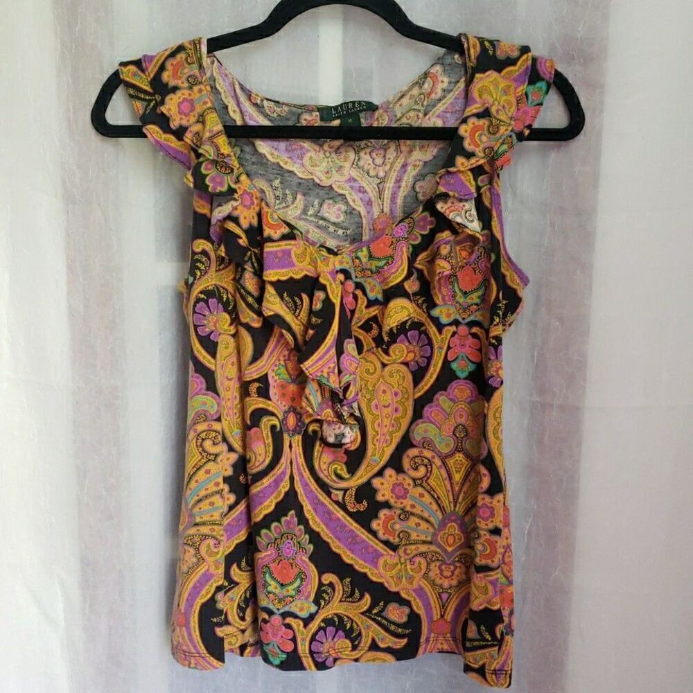 Ralph Lauren Colorful Paisley Sleeveless Top Drape Neck Cotton M